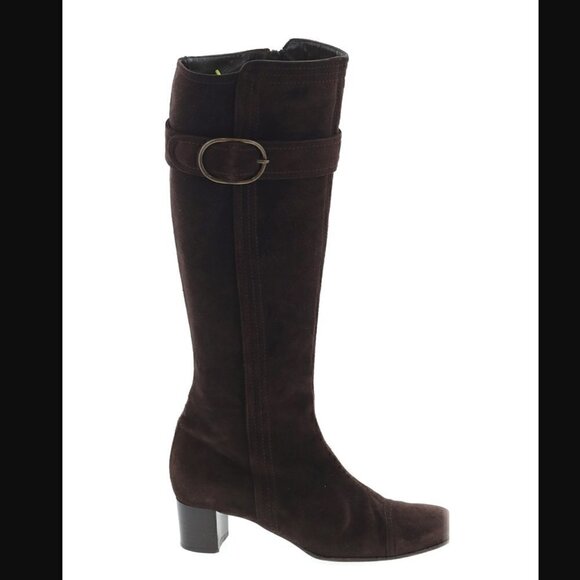 cole haan Heeled Boots 5.5 Women Oriana Suede Chocolate Brown Luxury Luxe Buckle - Picture 1 of 15
